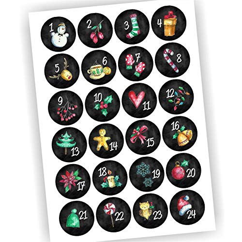 24 Aufkleber Adventskalender Zahlen Fest Weihnachten Aufkleber Sticker DIY Schwarz/Bunt mit Motiven Tafeloptik Vintage DIY von Play-Too