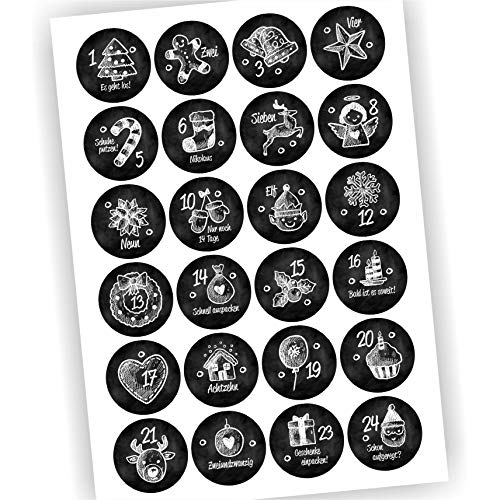 24 Aufkleber Adventskalender Zahlen Fest Weihnachten Aufkleber Sticker DIY Schwarz mit Motiven Tafeloptik Vintage DIY #9 von Play-Too