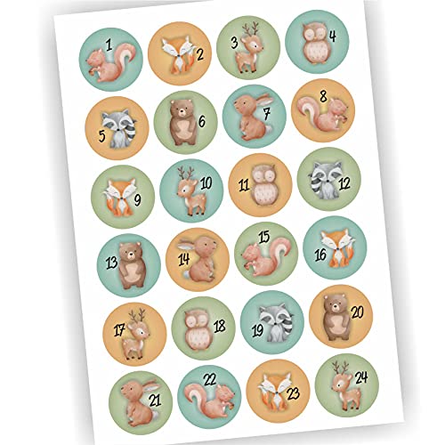 24 Aufkleber Adventskalender Zahlen Fest Weihnachten Aufkleber Sticker DIY Waldtiere Woodland von Play-Too