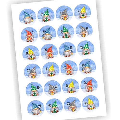 24 Aufkleber Adventskalender Zahlen Fest Weihnachten Aufkleber Sticker DIY Wichtel mit bunten Mützen DIY von Play-Too