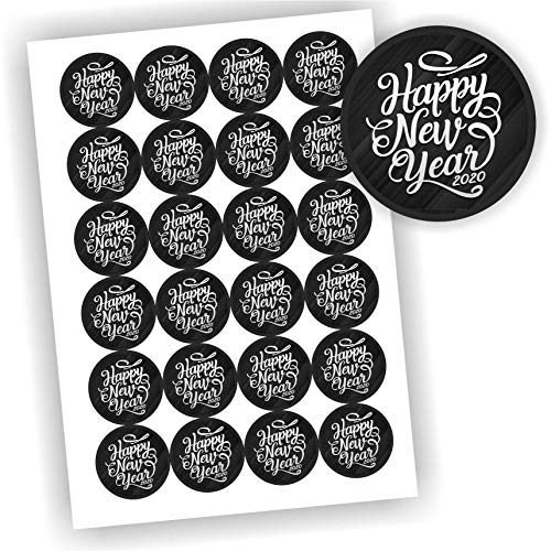 24 Aufkleber rund Happy New Year 2026 Schwarz Etikett Fest Geschenk Geschenkaufkleber DIY von Play-Too