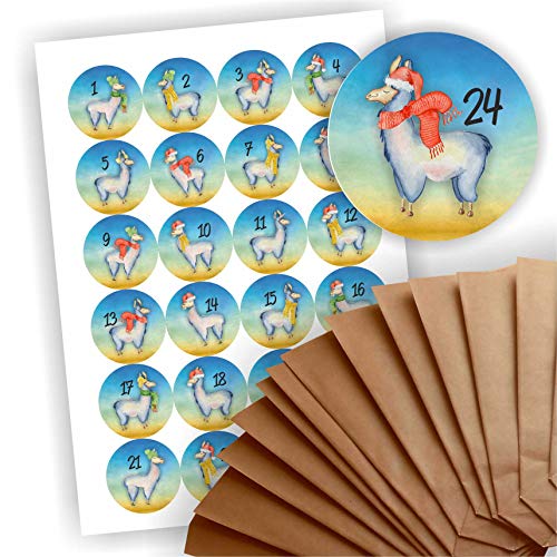 Adventskalender zum Befüllen 24 braune Geschenktüten Kraftpapiertüten + 24 weihnachtliche Aufkleber Papiertüte DIY Lama blau Adventskalender zum Befüllen 24 braune Geschenktüten Kraftpapiertüten + 24 weihnachtliche Aufkleber Papiertüte DIY Lama blau von Play-Too