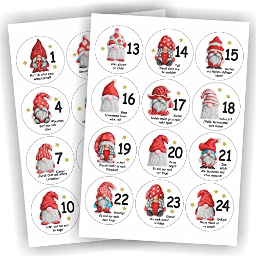 Play-Too 24 Aufkleber Adventskalender Zahlen Fest Weihnachten Aufkleber Sticker DIY Weiß mit Wichteln/Gnomen und Sprüchen von Play-Too
