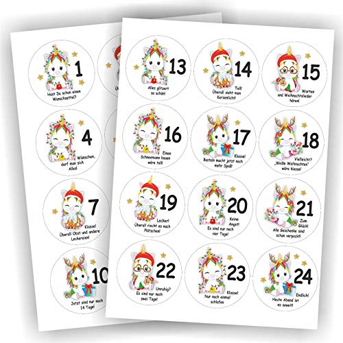 Play-Too 24 Aufkleber Einhorn mit Sprüchen Spruch für jeden Tag Adventskalender Zahlen Aufkleber Sticker Etikett Fest Weihnachten von Play-Too
