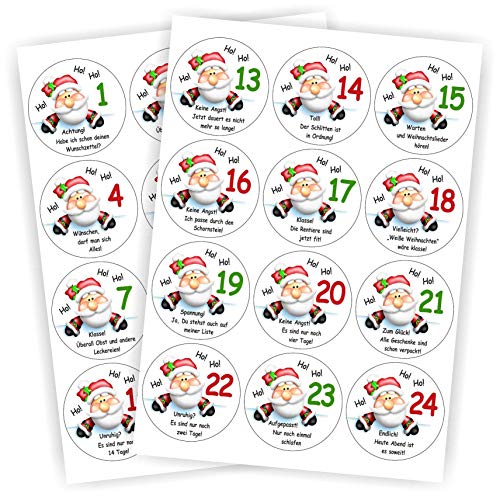 Play-Too 24 Aufkleber Weihnachtsmann mit Sprüchen Spruch für jeden Tag Zahlen Adventskalender Zahlen Aufkleber Sticker Etikett Fest Weihnachten von Play-Too