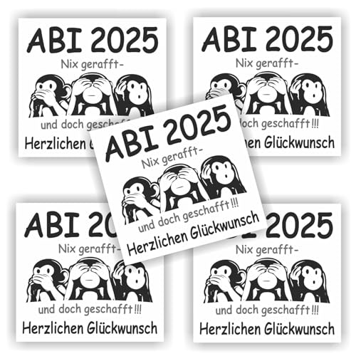 Play-Too 5 Aufkleber Flaschenetikett Etikett Abi Abitur Reifeprüfung 3 Affen Nix gerafft und doch geschafft 2025 Play-Too 5 Aufkleber Flaschenetikett Etikett Abi Abitur Reifeprüfung 3 Affen Nix gerafft und doch geschafft 2025 von Play-Too