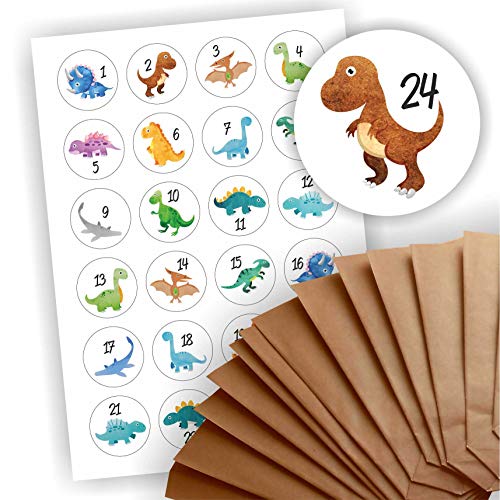 Play-Too Adventskalender zum Befüllen 24 braune Geschenktüten Kraftpapiertüten + 24 weihnachtliche Aufkleber Papiertüte DIY Dinosaurier Dinos Dino von Play-Too
