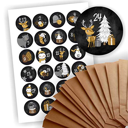 Play-Too Adventskalender zum Befüllen 24 braune Geschenktüten Kraftpapiertüten + 24 weihnachtliche Aufkleber Papiertüte DIY Tiere Schwarz Tafel Tafeloptik von Play-Too