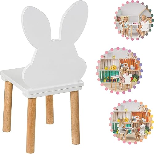 PlayPals Kinderstuhl Holz, Kinder Kids Chair, Holzstuhl Kinderstuhl Klein, Weiß - Hasenohren, kinderzimmer möbel 60x 32x 32cm cm und Einer Sitzhöhe von 27 cm, für EIN ab 3-7 Jahre… von PlayPals Furniture