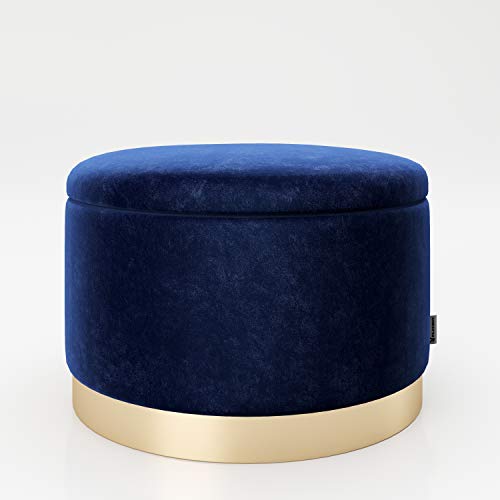 PLAYBOY runder Pouf mit Stauraum aus Samtstoff in Blau und goldenem Metallfuss, gepolsteter Sitzhocker mit Samtbezug, Sitz-und Aufbewahrungsbox aus Samt, Hocker, Retro-Design, Club-Stil von Playboy