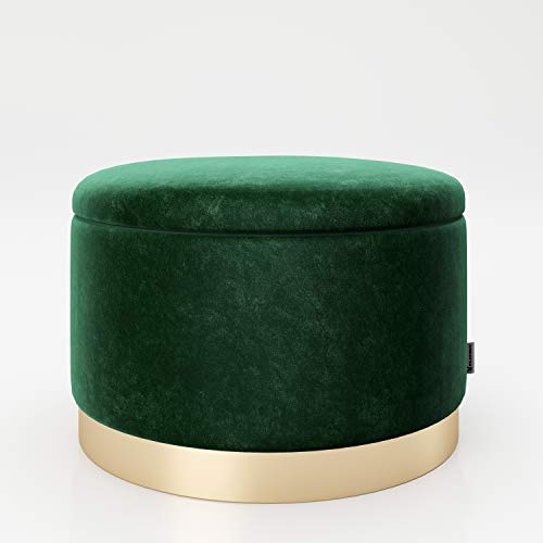 PLAYBOY runder Pouf mit Stauraum aus Samtstoff in Grün und goldenem Metallfuss, gepolsteter Sitzhocker mit Samtbezug, Sitz-und Aufbewahrungsbox aus Samt, Hocker, Retro-Design, Club-Stil von Playboy