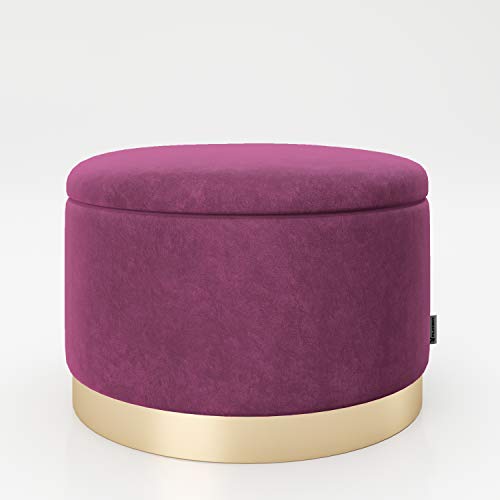 PLAYBOY runder Pouf mit Stauraum aus Samtstoff in Lila und goldenem Metallfuss, gepolsteter Sitzhocker mit Samtbezug, Sitz-und Aufbewahrungsbox aus Samt, Hocker, Retro-Design, Club-Stil von Playboy