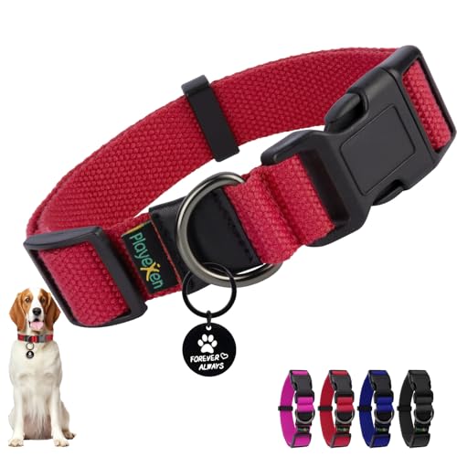 Hundehalsband Große Hunde Halsbänder Verstellbares 40-60cm für Kleine Mittel Große-Hunde Dog Collar Weiches Baumwollmaterial Halsband mit Abnehmbaren Hundemarke für Training Ausführen(Rot-L) von Playexen