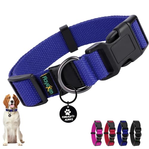 Hundehalsband Große Hunde-Halsbänder Verstellbares 40-60cm für Kleine Mittel Große Hund Dog Collar Weiches Baumwollmaterial Hunde Halsband mit Abnehmbaren Hundemarke für Training Ausführen(Blau-L) von Playexen