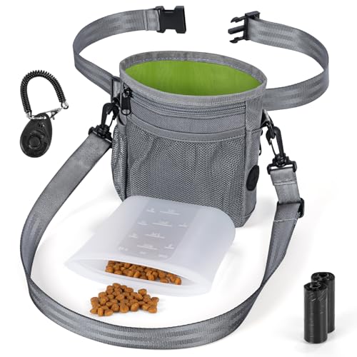 Leckerlibeutel für Hunde Set mit Hundeleckerlis InnenTasche in Silikon Trainingsklicker und Hundekotbeutelspender Gürteltasche für Hundefutter Aufbewahrung für Hunde Training Gassi Gehen Reise(Gris) von Playexen
