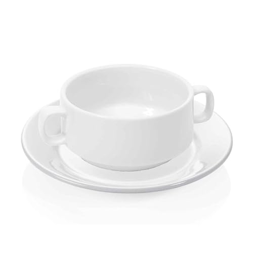 18x Suppentasse mit Henkelgriffen + Untertasse 260 ml, weiß, Porzellan von Playflip