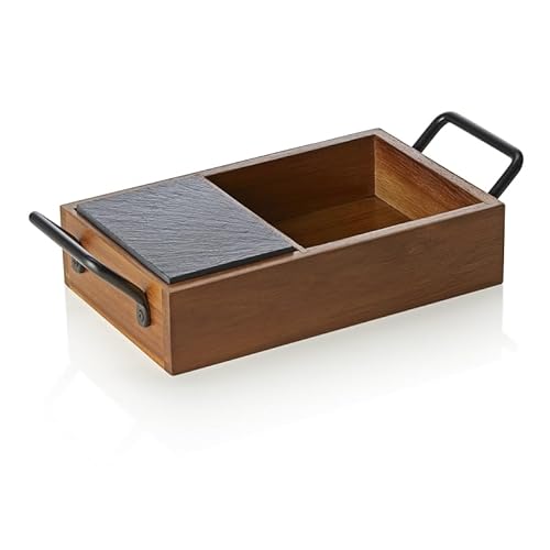 4x Naturschieferplatten Set Slate & Serve, 24 x 15 x 5,5 cm, 3 Schieferplatten und Brot- und Butterkorb, Akazienholz, Schiefer von Playflip