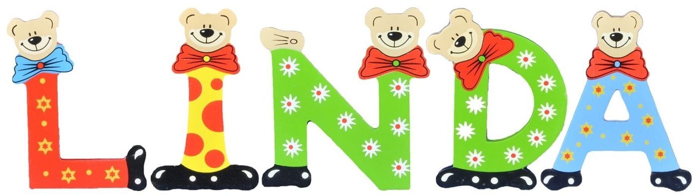 Playshoes Deko-Buchstaben (Set, 5 St), Kinder Holz-Buchstaben Namen-Set "LINDA" in bunten Farben von Playshoes