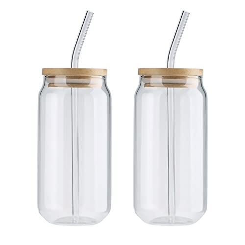 Plcnn 2 Stück Trinkgläser mit Bambusdeckel und Glasstrohhalmen, Bierdosengläser, Eiskaffee Gläser, Cocktail Gläser für Iced Coffee, Bier, Smoothies,Macchiato,Whiskey,Geschenk(2 Stück - 395 ml) von Plcnn