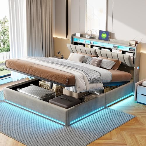 Bett mit Bettkasten, 160 x 200 cm mit USB- und Typ-C-Aufladung, Doppelbett mit LED-Licht, Kopfteil mit Stauraum, Doppelbett mit Lattenrost, grauer Samt (160 x 200) von Plcnn