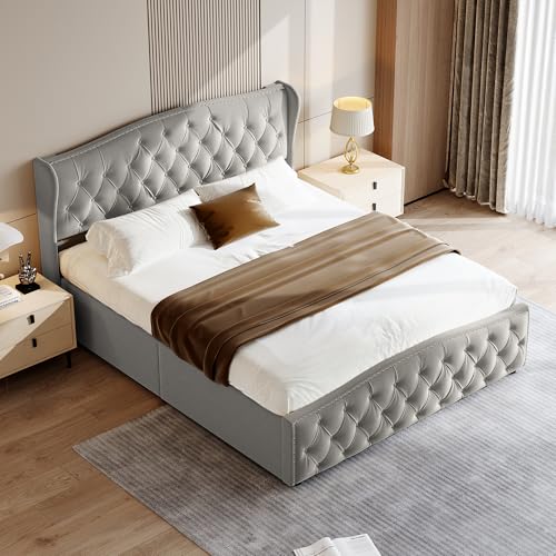 Bett mit Stauraum, 140 x 200 cm mit Kopfteil, gepolstertes Doppelbett mit Stauraum, Bettrahmen mit Lattenrost, für Erwachsene, Samt (ohne Matratze) (Grau, 140 x 200 cm) von Plcnn
