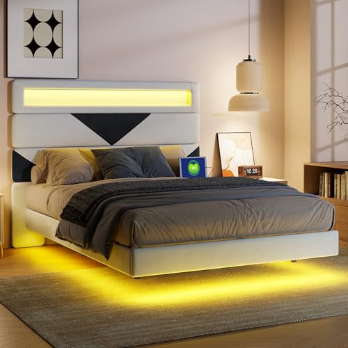 Doppelbett 140 x 190 cm mit LED-Beleuchtung, Schwimmbett mit verstellbarem Kopfteil und USB-Ladefunktion, Bettgestell mit Lattenrost, gepolstertes Bett, Samt (Dreieck, 140 x 190 cm) von Plcnn