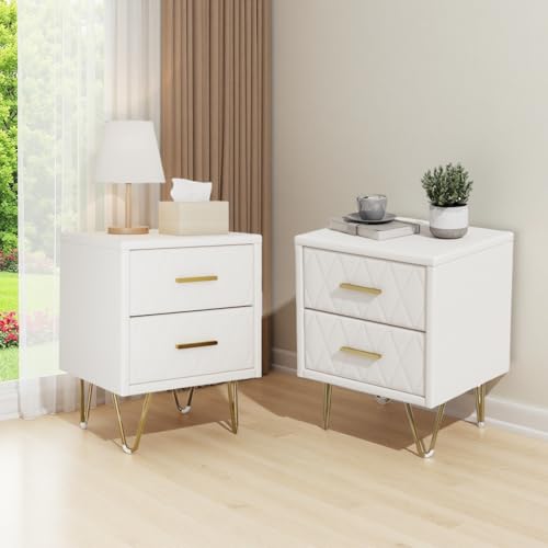 Nachttisch, 2 Stück, Beige, Nachttisch mit 2 Schubladen, Beistelltisch mit Füßen und Griffen aus vergoldetem Metall, für Wohnzimmer, Schlafzimmer, Büro (Beige, 41 x 35,5 x 51 cm) von Plcnn