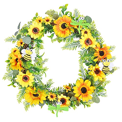 Plcnn 39,9 cm künstliche Sonnenblumenkranz, gelbe Blumenkranz mit Eukalyptusblättern Frühling Sommer Sonnenblume Türkranz für Haustür Hochzeit Dekor von Plcnn