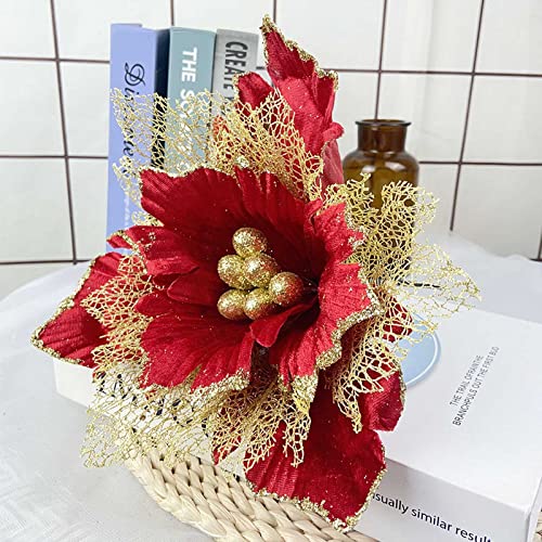 Plcnn 6 Stück Weihnachtssterne Blumen 30,5 cm Glitzer Künstliche Blumen Weihnachtsbaum Blumen Ornamente für Weihnachtskranz Girlande Dekor von Plcnn