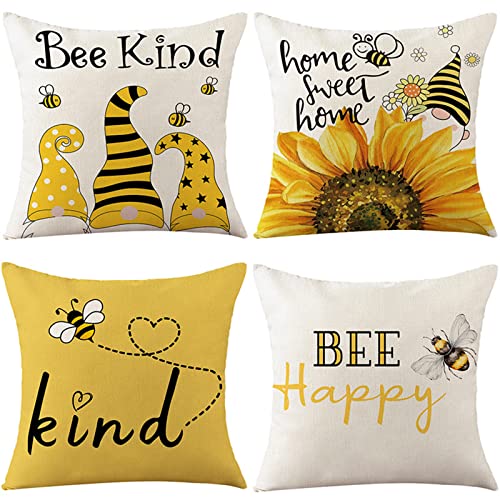 Plcnn Frühling Honeybee Kissenbezüge, 4 Stück, gelbe Bienen, Happy Kind, Wichtel, Kissenbezüge, Sommer, Sonnenblume, Leinen, 45 x 45 cm von Plcnn