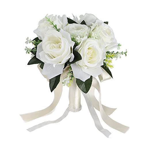 Plcnn Hochzeitssträuße für die Braut, Künstliche Rosen, Blumen, Hochzeit, Romantischer Blumenstrauß, Braut, Brautsträuße für die Braut, Brautjungfer, Zeremonie(Milchig weiß) von Plcnn