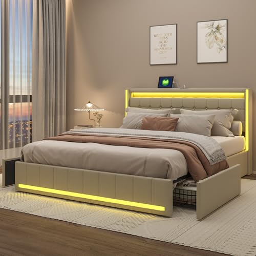 Plcnn Polsterbett 140x200 cm mit 4 Stauraum Schubladen, Doppelbett mit LED und USB/TypC Ladefunktion, Stauraumbett mit Lattenrost, Bettrahmen, Leinen, Beige, Ohne Matratze (C) von Plcnn