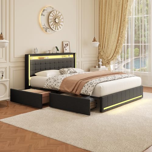 Plcnn Polsterbett 160x200 cm mit 4 Stauraum Schubladen, Doppelbett mit LED und USB/TypC Ladefunktion, Stauraumbett mit Lattenrost, Bettrahmen, Leinen, Dunkelgrau, Ohne Matratze (B) von Plcnn