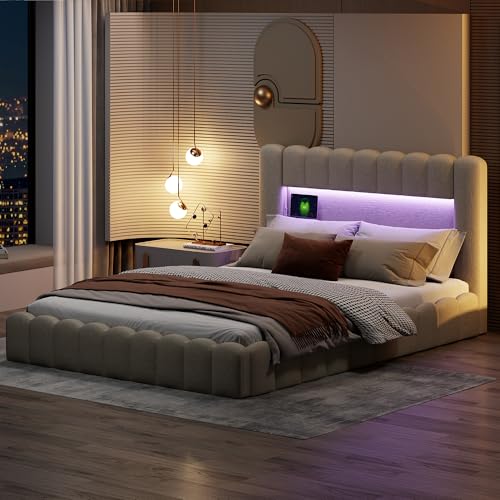 Plcnn Polsterbett 180x200 cm, Hydraulisch Stauraumbett mit LED und USB-Ladefunktion, Doppelbett mit Lattenrost, Jugendbett, Bettgestell, Linen, Beige, Ohne Matratze (Beige, 180x200 cm) von Plcnn