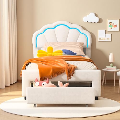 Plcnn Polsterbett 90x200 cm, Bettgestell für mädchen, Kinderbett mit LED Beleuchtung, Mädchenbett mit Schubladen, Prinzessin Bett mit Kopfteil in Blumenform, Jugendbett, Samt, Weiß (Weiß-90 * 200) Plcnn Polsterbett 90x200 cm, Bettgestell für mädchen, Kinderbett mit LED Beleuchtung, Mädchenbett mit Schubladen, Prinzessin Bett mit Kopfteil in Blumenform, Jugendbett, Samt, Weiß (Weiß-90 * 200) von Plcnn