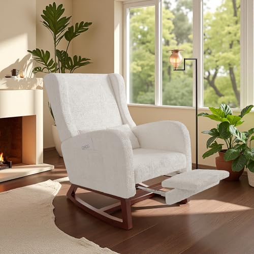 Plcnn Schaukelstuhl mit Fußstütze, Stillsessel mit Lendenkissen, Schaukelsessel mit 2 Seitentaschen, Lesesessel mit Rückenlehne & Armlehne, Relaxsessel für Wohn, Schlaf, Teddystoff, Beige (Beige1) von Plcnn