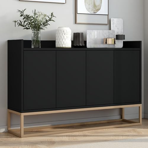 Plcnn Sideboard, Küchenschrank mit 4 Türen, multifunktionales küchenbuffet mit Verstellbares Regal und Metallbeine, griffloses Design, Aufbewahrungsschrank für Esszimmer, Wohnzimmer, Küche (Schwarz) von Plcnn