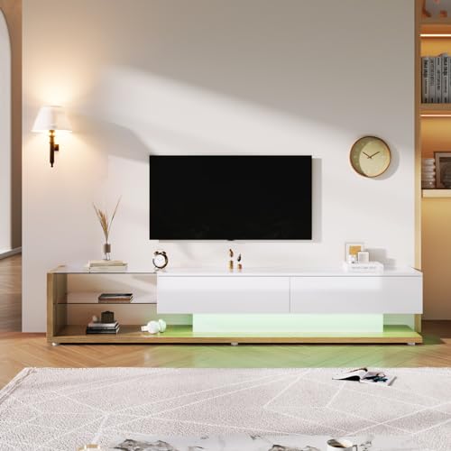 Plcnn TV-Einheit mit Glasablage, moderner Hochglanz-TV-Ständer mit LED-Licht, Fernsehgerät, Unterhaltungszentrum, TV-Konsole für Wohnzimmer, Schlafzimmer, Dekoration, 170 x 36 x 38 cm, Weiß von Plcnn