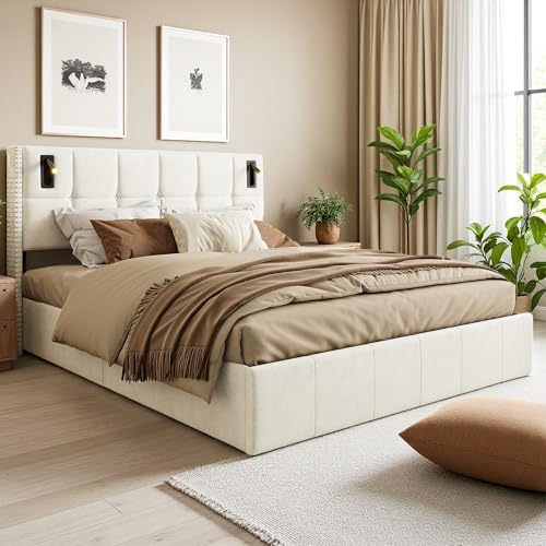 Polsterbett 140x200cm, Doppelbett mit Leselampe, Hydraulisch Stauraumbett mit USB und Type-C Ladefunktion, Funktionsbett Bettgestell mit Kopfteil und Lattenrost, Jugendbett, Samt (Beige, 140*200) von Plcnn