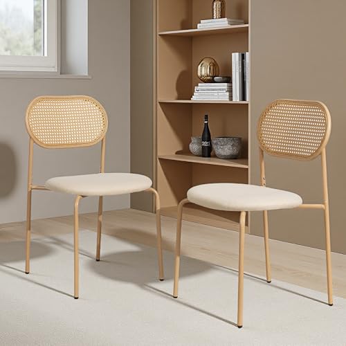 Rattan Esszimmerstühle 2er Set, Küchenstuhl mit gepolsterter Sitz und Rattan Rückenlehne, Rattanstuhl mit Metallbeinen, Akzentstühle aus Holz, Polsterstühle für Esszimmer, Wohn, Holzfarbe (Holzfarbe) Rattan Esszimmerstühle 2er Set, Küchenstuhl mit gepolsterter Sitz und Rattan Rückenlehne, Rattanstuhl mit Metallbeinen, Akzentstühle aus Holz, Polsterstühle für Esszimmer, Wohn, Holzfarbe (Holzfarbe) von Plcnn
