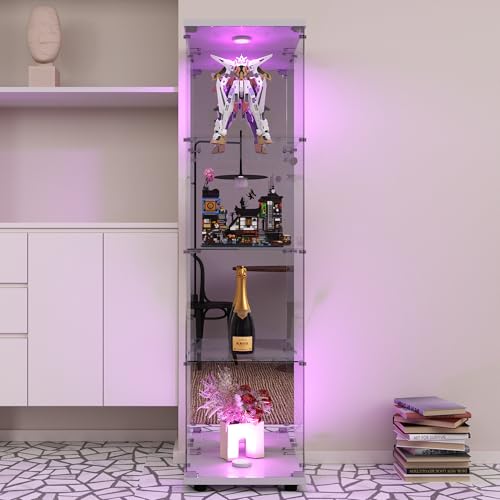 Vitrine aus Glas, 42,5 x 36,5 x 164 cm, Vitrine mit LED und Schloss, Vitrine für Sammlungen mit 1 Tür und 4 Regalen, Spiegeleffekt, für Wohnzimmer, Schlafzimmer, Büro (weiß) von Plcnn