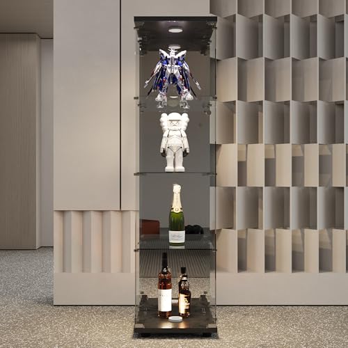 Vitrine aus Glas, 42,5 x 36,5 x 164 cm, Vitrinenschrank mit LED und Schloss, Sammlervitrine mit 1 Tür und 4 Regalen, Spiegeleffekt, für Wohnzimmer, Schlafzimmer, Büro (Schwarz-E) von Plcnn
