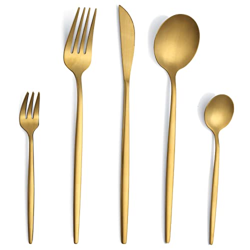 Besteck Set, Besteck Set für 6 Personen, 30 teilig Besteck Set Gold Matt, Besteckset aus Edelstahl, Goldenes Besteck mit Messer, Gabel, Löffel, Spülmaschinenfest von Pleafind