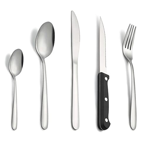 Besteck Set, Pleafind 30 teilig Besteck Set für 6 Personen, Besteck aus Edelstahl in Lebensmittelqualität, Besteckset, Essbesteck inklusive Löffel, Messer, Gabel, Steakmesser, Spülmaschinenfest von Pleafind