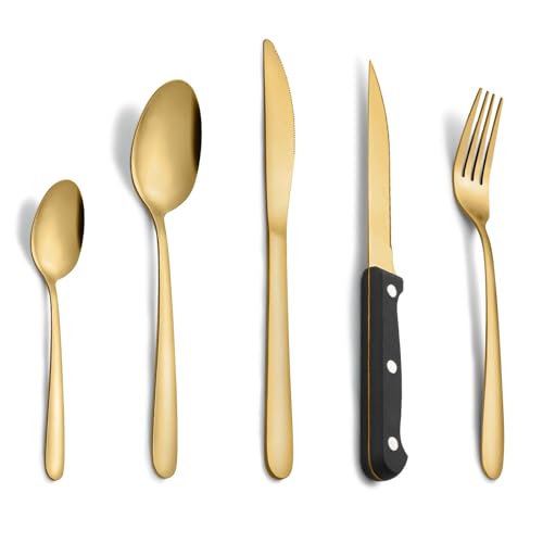 Gold besteck-Set, Pleafind 30-teiliges Besteck-Set für 6 Personen, Edelstahlbesteck in Lebensmittelqualität, Besteck-Set, Besteck-Set inklusive Löffel, Messer, Gabel, Steakmesser, spülmaschinenfest von Pleafind