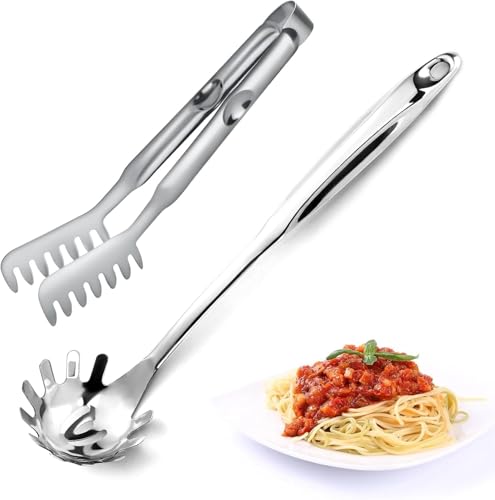 Pleafind 2 Stück Spaghettilöffel und Spaghettizange, 33cm Antihaft-Nudellöffel und 29cm Nudelzange, Edelstahl Spaghetti Server Set, einfache Lagerung und Reinigung, ergonomisches Design von Pleafind