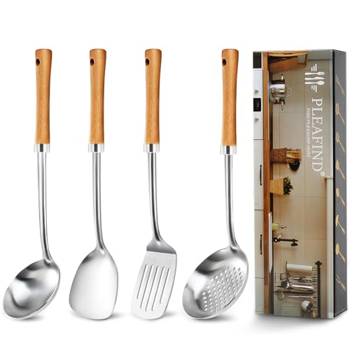 Pleafind 4 teilig Küchenutensilien Set, Edelstahl Küchenhelfer set, Kochlöffel, Holzgriff Spatel Set enthalten Wok Pfannenwende und Spatula, Suppenkelle, Schöpflöffel, Schaumlöffel Pleafind 4 teilig Küchenutensilien Set, Edelstahl Küchenhelfer set, Kochlöffel, Holzgriff Spatel Set enthalten Wok Pfannenwende und Spatula, Suppenkelle, Schöpflöffel, Schaumlöffel von Pleafind