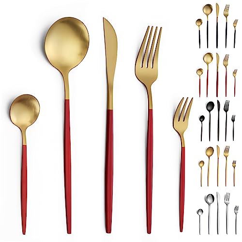 Pleafind Besteck Set, 30 teilig Besteck Set 6 Personen, Besteckset aus Edelstahl, Besteck Gold und Rot Matt, Bestecksets, Essbesteck, Besteck mit Messer, Gabel, Löffel, Spülmaschinenfest von Pleafind