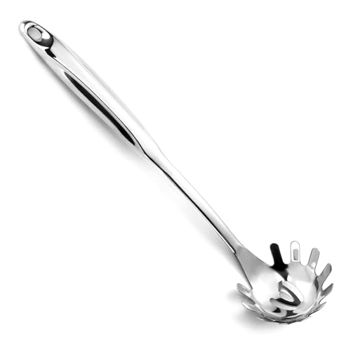 Pleafind Spaghettilöffel, Einteiliger Edelstahl Nudellöffel, 13-Zoll Comfort Grip Design Nudelkellel, Nudelsieb mit Zähnen, Silber Pasta Server Utensil von Pleafind