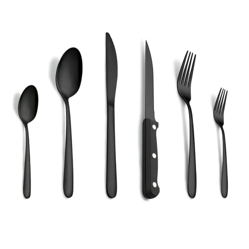 Schwarzes Besteck, Pleafind 72-teiliges Besteckset für 12 Personen, Lebensmittelqualität Edelstahlbesteck-Set, das Besteckset enthält Löffel, Messer, Gabel und Steakmesser und ist spülmaschinenfest. von Pleafind